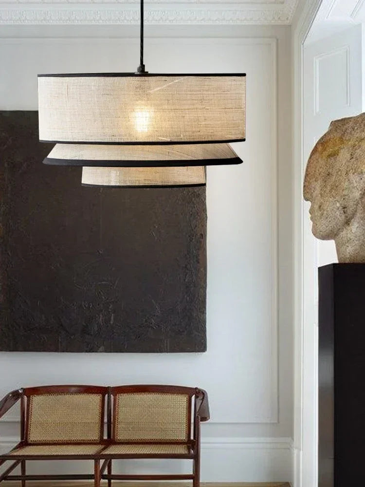 Japanese Linen Three Tier Drum Pendant Light with Black Trim for Dining Room