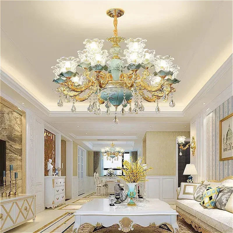 Lámpara de araña de cristal de lujo, cerámica azul, para sala de estar, lámpara de techo de villa, dormitorio, comedor, accesorios de iluminación para decoración del hogar.