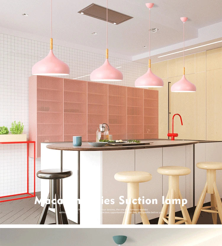 Modern Macaron Aluminum and Wood Pendant Light in Seven Colors for Kitchen