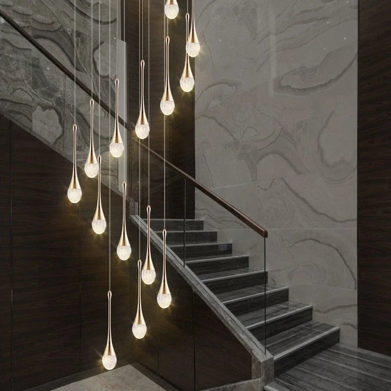 Lámpara de Araña LED de Diseño Moderno para Escalera, Lámpara de Cristal Larga de Lujo para Pasillo, con Luz Colgante Dorada Regulable para Decoración del Hogar