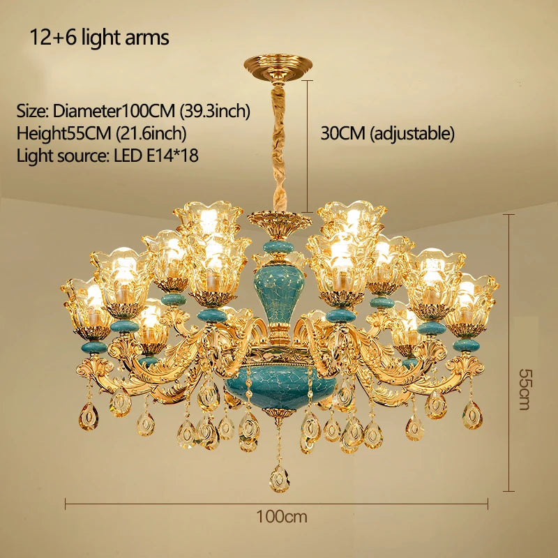 Candelabro de salón de estilo europeo, lámpara de cristal de cerámica de lujo para el hogar, nuevo estilo, sencilla, para dormitorio o restaurante
