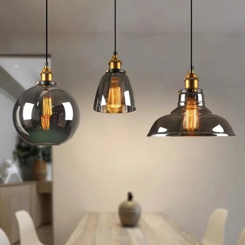 Industrial Clear Glass Pendant Light with Antique Brass Fitting for Bar