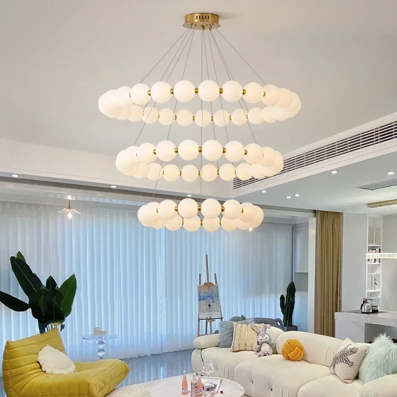 Modern Pearl Ball Ring Chandelier in Cream White for Living Room